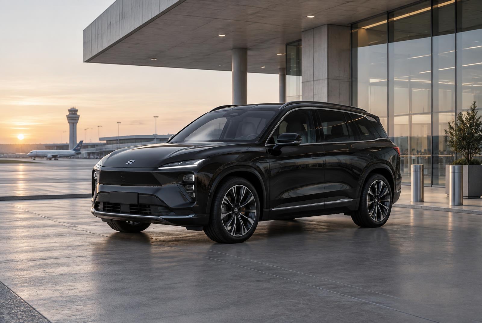 Black NIO ES8 at an airport terminal